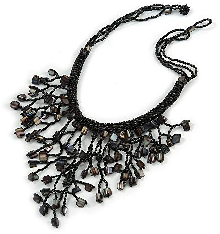Avalaya Sautoir plastron avec perles de verre Noir 42 cm x 11 cm
