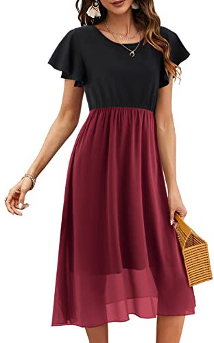 Beluring Womens Summer Midi Dress Ruffle Short Sleeve Beach Dresses Burgundy Size 18-20