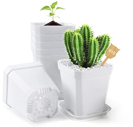 MissFox Anzuchttöpfe, Pflanztöpfe Eckig aus Kunststoff, Kleine Blumentöpfe Pflanzschalen für Anzucht, 6 Blumentopf Plastik mit 6 Untersetzer und 10 Pflanzenetikett (8x8x7.3cm, Weiß)