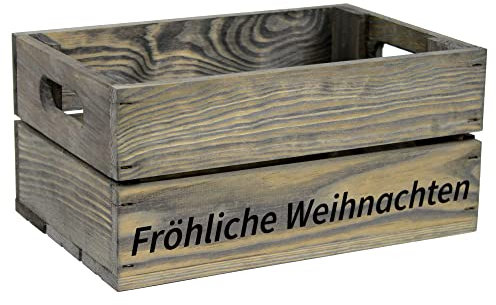 HW HOLZKISTEN-WELT Holzkiste Hellgrau mit Aufdruck Fröhliche Weihnachten - Stiege Steige Geschenkverpackung Präsentkorb Geschenk