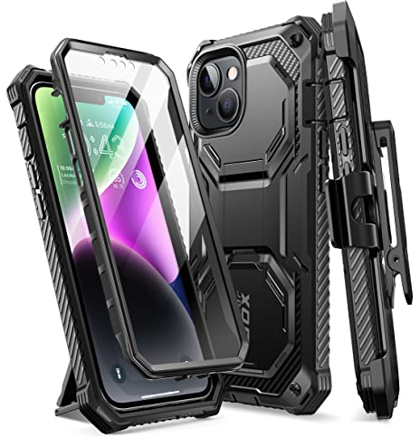 i-Blason Schutzhülle für iPhone 14 (2022) / iPhone 13 (2021) 6,1 Zoll mit integriertem Displayschutz, Ständer Gürtelclip [Armorbox] 360-Grad-Schutz stoßfest (Schwarz)