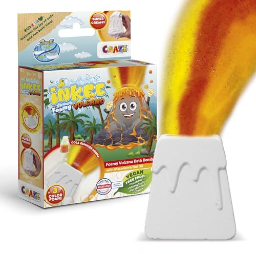 INKEE Foamy Volcano | Badebombe Kinder in Vulkan-Form, Badekugel Kinder Gelb, Rot & Orange mit Cola-Duft & Macadamia-Öl, Super Cremig