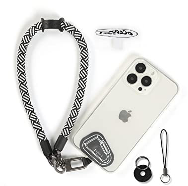 project-cb Dragonne pour téléphone,2 Téléphone Cordon patch,Dragonne pour clé, AirPods, appareil photo,Cordelette de poignet(blanc-noir, 40cm)