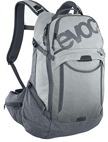 EVOC TRAIL PRO 26l Protektor Rucksack für Fahrradtouren, Backpack (LITESHIELD PLUS Rückenprotektor, leichter Fahrradrucksack, breite Hüftflossen, 3l Trinkblasenfach, Größe: S/M), Steingrau/Carbon Grau