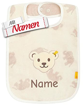 LALALO Steiff Lätzchen personalisiert mit Namen (bestickt), Baby Lätzchen/Halstuch/Spucktuch, Babylätzchen personalisieren, mit Teddy-Bär Motiv (Beige + Elefanten)