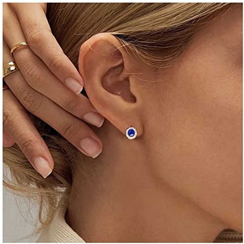 Yheakne Vintage Tiny Sapphire Stud Earrings Crystal Circle Stud Earrings Blue Sapphire Earrings Gold Cz hoop Earrings Jewelry for Women and Girls