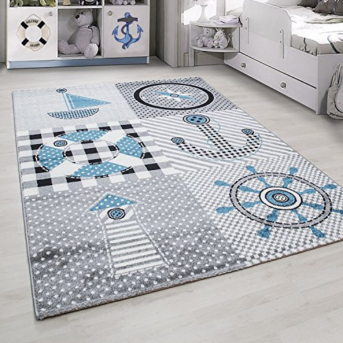 HomebyHome Kinderteppich Grau 160 cm Rund Piratenmuster Großer Jungen Kurzflor Extra Weich Antiallergen für Kinderzimmer und Babyzimmer