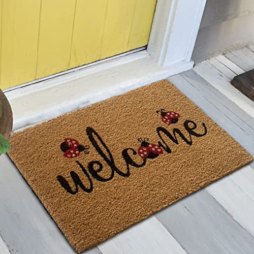 Teppich-Traum Robuster Fußabtreter • Kokos Naturfasern • „Welcome“ Marienkäfer schwarz rot, 45 x 75 cm