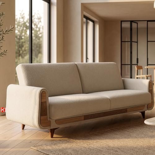 konsimo Gustavo 3-Sitzer Schlafsofa mit Schlaffunktion –Couchbett für Wohnzimmer, Klappsofa mit Liegefläche, Moderner Stoffbezug, Made in EU (Hellbeige, Sofa 230x98x98 Bouclé)