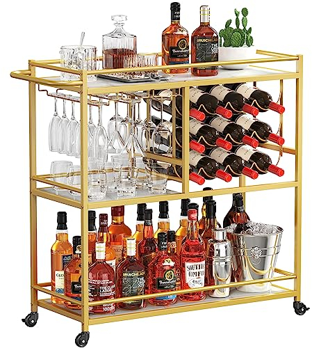 Lifewit Drink Trolley, 3 Tier Bar Cart with Lockable Wheels, 12 Wine Rack and 3 Rows Glass Holders, Kitchen Serving Cocktail Alcohol Trolley for Dining Livingroom, 80.2 x 33.2 x 86 cm, Gold