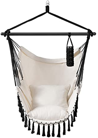 Juskys Hängesessel Miami mit Kissen, Stange & Tasche - Makramee Hängekorb - Schaukel bis 150 kg belastbar - Outdoor Indoor Sessel - Hängeschaukel Beige