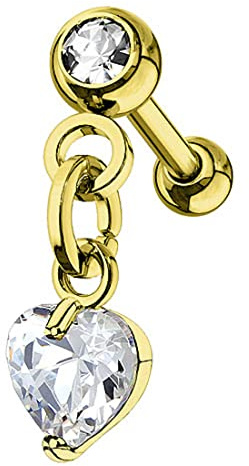 Taffstyle Piercing Stecker Kette Herz Herzform Anhänger Hängend Strass Glitzer Kristall Ohr Cartilage Tragus Helix Ohrpiercing Knorpel Barbell Stab mit Kugel Lang Gold
