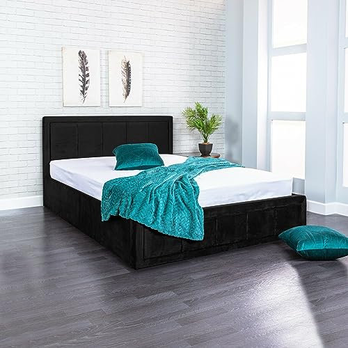 SANA SLEEP Ottoman Bed Frame - Fabric Storage Upholstered Double Bed - Gas Lift Bed Base in Small Double King Super King Size - No Mattress (4FT6 PLUSH BLACK)