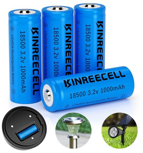 KINREECELL LiFePO4 18500 Lot de 4 piles rechargeables 18500 3,2 V 3,2 V 1000 mAh pour lampes solaires d'extérieur, lampes solaires de jardin