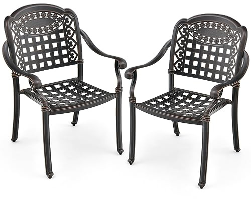 COSTWAY 2 PCS Outdoor Garden Chairs, Stackable All Weather Cast Aluminum Chairs with Armrests and Curved Seats, Patio Bistro Dining Armchair Set for Backyard Porch Poolside (Bronze, Grid Pattern)