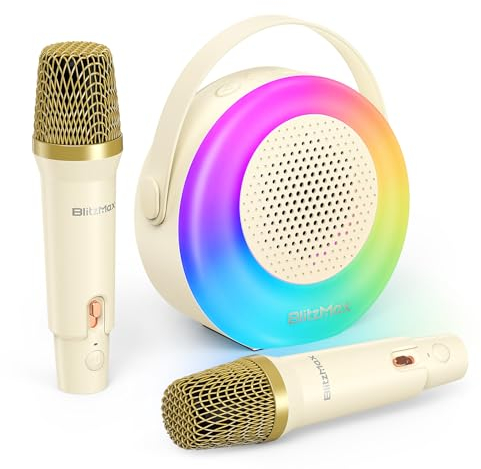 Máquina de Karaoke para Niños, Mini Karaoke Portátil con 2 Micrófonos Inalámbricos Bluetooth (Beige)
