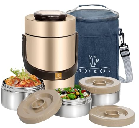 AUSAULAC 3500ml Adults Stainless Steel Vacuum Insulated Wide Mouth Food Thermos Hot Food Jar with Keep Thermal Portable 3 Tier Stackable Bento Hot Food Containers Lunch Boxes (Gold)