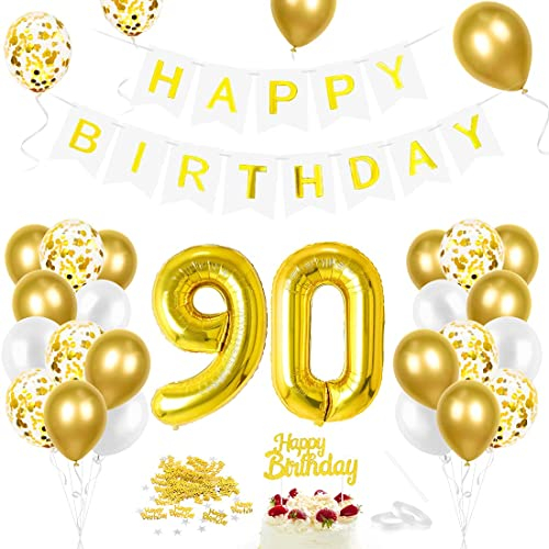Luftballon 90. Geburtstag Golden - Deko Set Mit Riesen Folienballon Zahl 90, Happy Birthday Ballon für Mann Und Frau