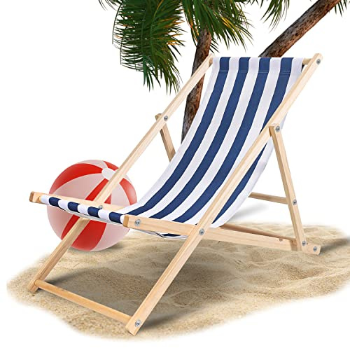 Hebitod Liegestuhl aus Holz, Premium Liegestühle Relaxliege, Strandliege, Sonnenliege für Erwachsene, Strandstuhl Campingstuhl mit modernem Design, Blaue und weiße Streifen