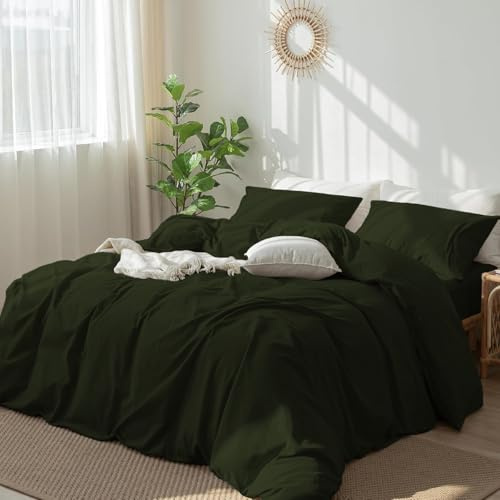 DXHOME Baumwolle Bettwäsche 220x240 Uni Olivgrün Flauschige Bettwäsche Modern Einfach Weich Baumwolle Bettwäsche mit Reißverschluss und 2 Kissenbezüge 80x80 cm