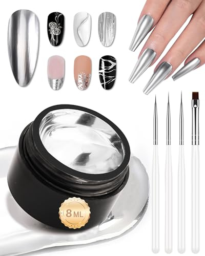 Metallic nail Painting Gel, Sliver Spiegelnde Metallische Lackierung Nägel, 3D Metal Mirror Effect Premium Salon Nail Art, Painting Liner Gel, glänzendes Soak off UV/LED Nagel Gel With Brushes Kit