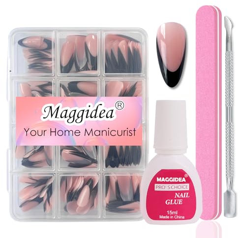 Maggidea French False Nails Kit, Black Tips Press on Nails, 240 Pcs Almond False Nails With Glue Fake Nail Pink Color Glossy Full Cover Glue on Nails Manicure (French-Deep Arc Almond)