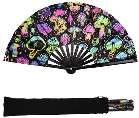 URROMA Foldable UV Glow Big Mushroom Hand Fan, Large Rave Fan Folding Hand Fan Bamboo Festival Clack Fan Performance Dance Party Accessories For Men Women