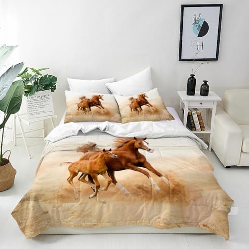 ANHOPE Tier Pferd Stute Pony Bettwäsche Set 3 Teilig Bettbezug 155x220 cm & 2 Kissenbezug 80x80 cm Microfaser Bettbezüge mit Reißverschluss Weich Ganzjahres Bettdeckenbezug Set