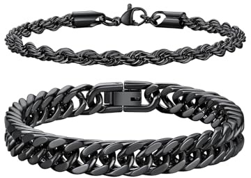 Richsteel Herren Edelstahl Armband Set, 2 Stück Herrenarmband, 3 Stück Herrenarmband, Schwarz/Stahl/Gold, 9/8/4mm Set Stapelbar, 19/21/23cm Länge, geeignet zum Verschenken