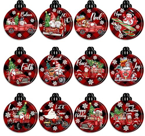 CutitiUU Xmas Tree Decorations 24 Pcs Classic Vintage Christmas Tree Decorations Wooden Christmas Pendant with Snowman Bear Santa Claus for Winter Holiday Xmas Indoor Decoration (Classic Red Car)