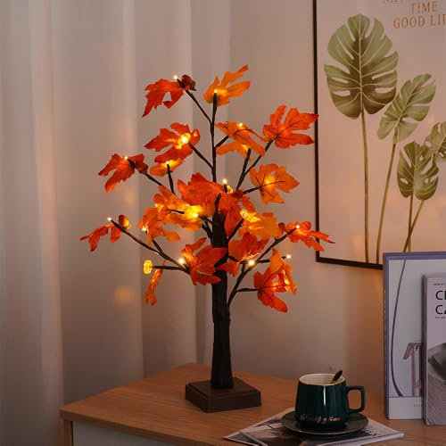 Gobesty Ahornblatt Baum Licht mit 24 LEDs, 60CM Lichterbaum für Innen Herbst Deko, Ahornblatt Tisch Licht mit Herbstblätter Halloween Kürbis, für Thanksgiving, Halloween, Weihnachten, Innen Deko