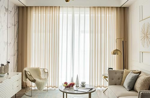 KnSam 2er Set Beige Halbtransparent Voile Vorhänge, Transparente Vorhänge Schal Einfarbig, Polyester Ösen Vorhänge für Deko Wohnzimmer Schlafzimmer, Jeder B 107 x H 147cm