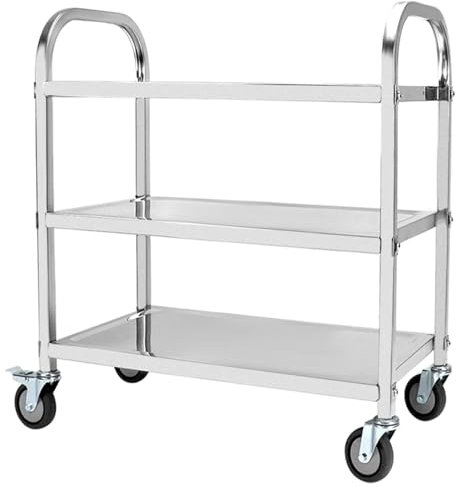 QWORK® 3-Etagen Edelstahl Servierwagen Teewagen Reinigungswagen - 95 x 50 x 95 cm - Leise Räder mit Bremsen