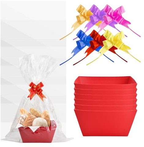 6 Pcs Cesta Regalo, 25x20x11,5cm, Cestas para Regalos Vacias con 6 Bolsas Transparentes y 6 Lazos, Caja Regalo Kraft, Canasta de Regalo con Asas, Bandeja Carton Cumpleaños Fiesta Favor (Rojo)