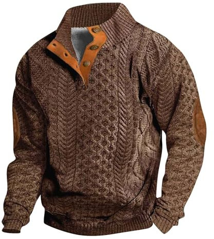 Felpa da uomo | Felpa in pile con stampa 3D | Maglione da lavoro con toppe sui gomiti | Felpa vintage senza cappuccio con colletto alla coreana maglione casual termico con bottoni, Caff, 3XL