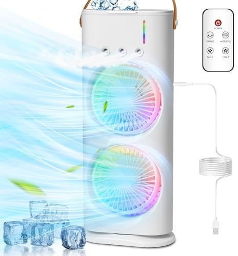Bwaliffury Aire Acondicionado Portátil, Mini Enfriador de Aire, Enfriador De Aire, Enfriador por Evaporación con 7 Colores LED, Temporizador, 3 Velocidades (FM04)