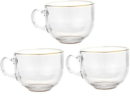 CRILSTYLEO Eleganti Tazze con Bordo Dorato Confezione da 3 Tazze in per Acqua per Casa Ufficio E Viaggio Manico Comodo Adatte per Tè Caffè E Latte.