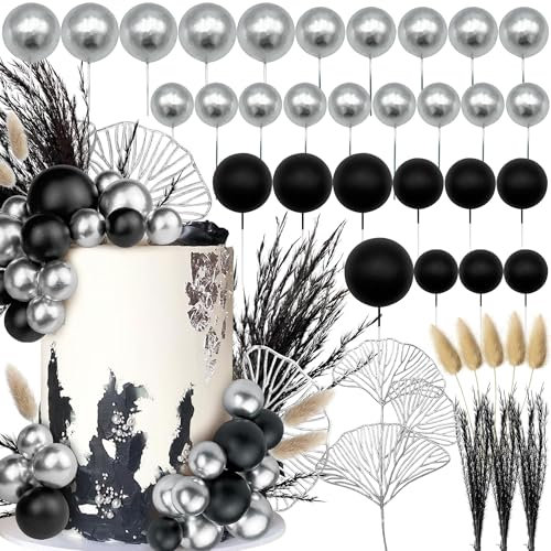 Luxury Black Silver Balls Cake Topper Palm Leaves Black Cake Decoration for Birthday Wedding Anniversary Bridal Shower