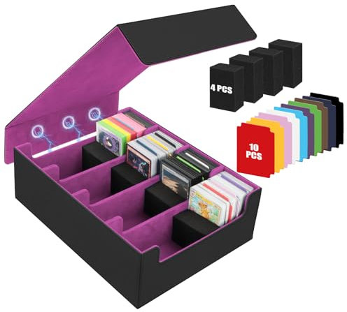 Karten Box für 2800+ Karten,Sammelkarten Box mit 10 Kartenteiler,Sammelkarten-Aufbewahrungsboxen PU Leder Commander Gathering Deck Box Karten Aufbewahrungsbox für MTG,TCG,Sportkarten (Schwarz & Lila)