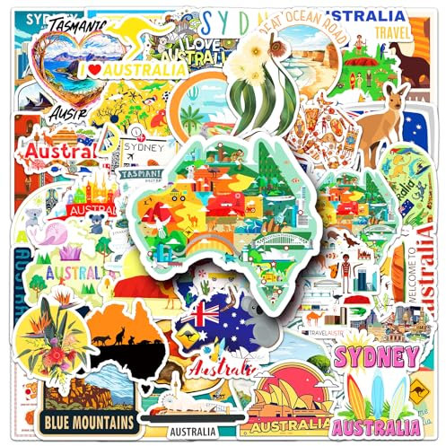 50PCS Australia Stickers Pack, Dslalaly Vinyl Waterproof Travel Stickers for Water Bottles Laptops Luggages Cars Skateboards Phones Journals, Funny Designs for Teens Adults