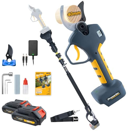 Prunarbo 2 en 1 Sécateur Électrique Sans Fil sur Perche Télescopique Extensible 1.5-2.8M, 40MM Sécateur à Batterie 2x4000mAh 18V Brushless Coupe Branche Télescopique Électrique (PR-E50-Set)