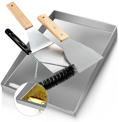 Plancha grillplatte Hergestellt aus 4 mm massivem Edelstahl[40x30cm], plancha grill mit 2 Grillwenden und einer Bürste, plancha gasgrill mit versiegelten Ecken, perfekt für Gas- und Holzkohlegrills