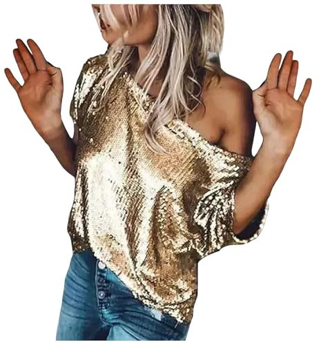 Generisch Damen Glitzer Shirt Gold L - Schulterfrei, Kurzarm, Festlich, Dehnbar, Glitzer, Winter, Chemische Reinigung, 1 stück