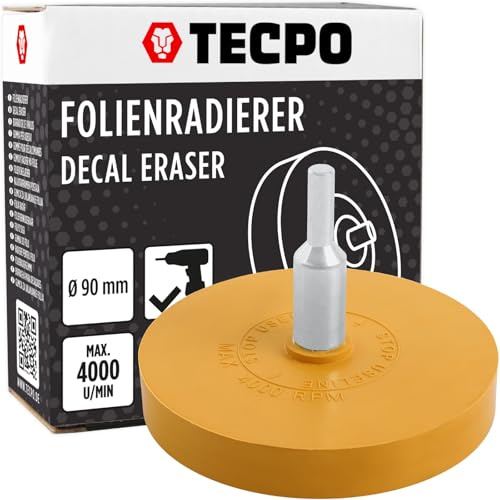 TECPO Folienradierer für Bohrmaschinen, Radierscheibe entfernt Klebstoffreste & Rückstände, Adapter 5/16'' x 24mm, 4000 U/min, Ø 90mm, kompakt & präzise für schwer zugängliche Bereiche (1x)