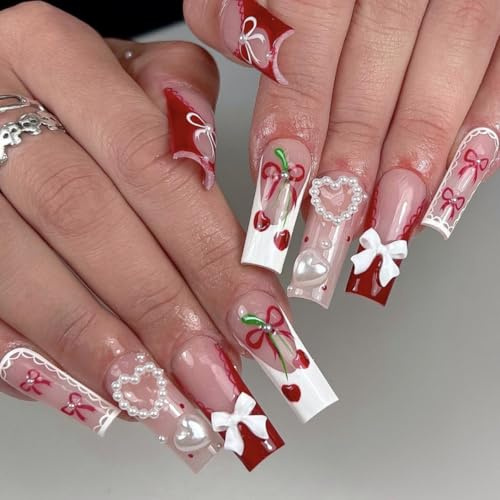 MouyouGlow Press on Nails Lang,Square Nude Weiß French 3D Bow Tie Schleife Pearl Herz Kirschen Y2K Coquette Fake Nails Kunstnägel mit Nagelkleber,White Tips Sweet Valentine Künstliche Fingernägel