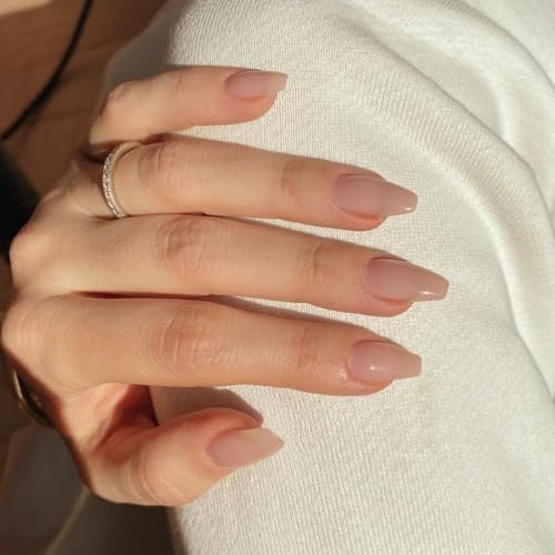 KQueenest Nude Brown Press on Nails Short Medium Coffin, Light Gray False Nails Short Ballerina, Glossy Natural Solid Color Fake Nails Set, Reusable Gel Stick on Nail for Women Daily Wear 24 Pcs