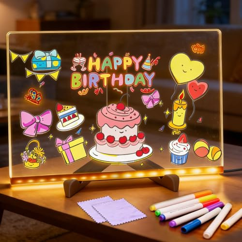 Infreecs LED Notiztafel mit Farben, LED Zeichenbrett, 30 * 20cm Maltafel Kinder, Acryl Notiztafel mit 7 Farben Stift und Verstellbarem Ständer, Transparente Leuchtende Schreibtafel, Abwischbar, Memo