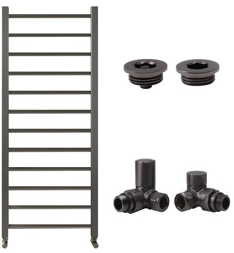 Gunmetal Bathroom Straight Heated Towel Rail Radiator 1200 x 500 with Corner Manual Valves & Air Bleed Vent Set
