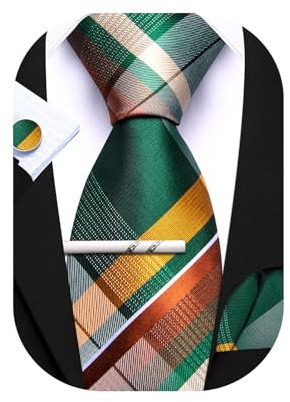 Barry.Wang Plaid Ties Check Mens Necktie Set with Handkerchief Cufflinks Classic Stripe