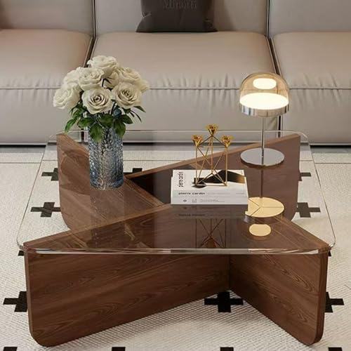 Couchtisch Aus Stabilem Sicherheitsglas Mit Massivholz Beinen Quadratischer Wohnzimmertisch Modern Beistelltisch, Glastisch Für Kleine Wohnung, Lounge, Kleine Räume(Clear glass - walnut,Large)